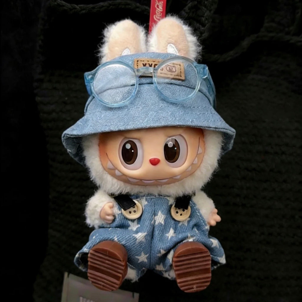 Outfit for Labubu(Generations 1-3 17cm): Cute Star Overalls & Hat Set (Doll Not Included)