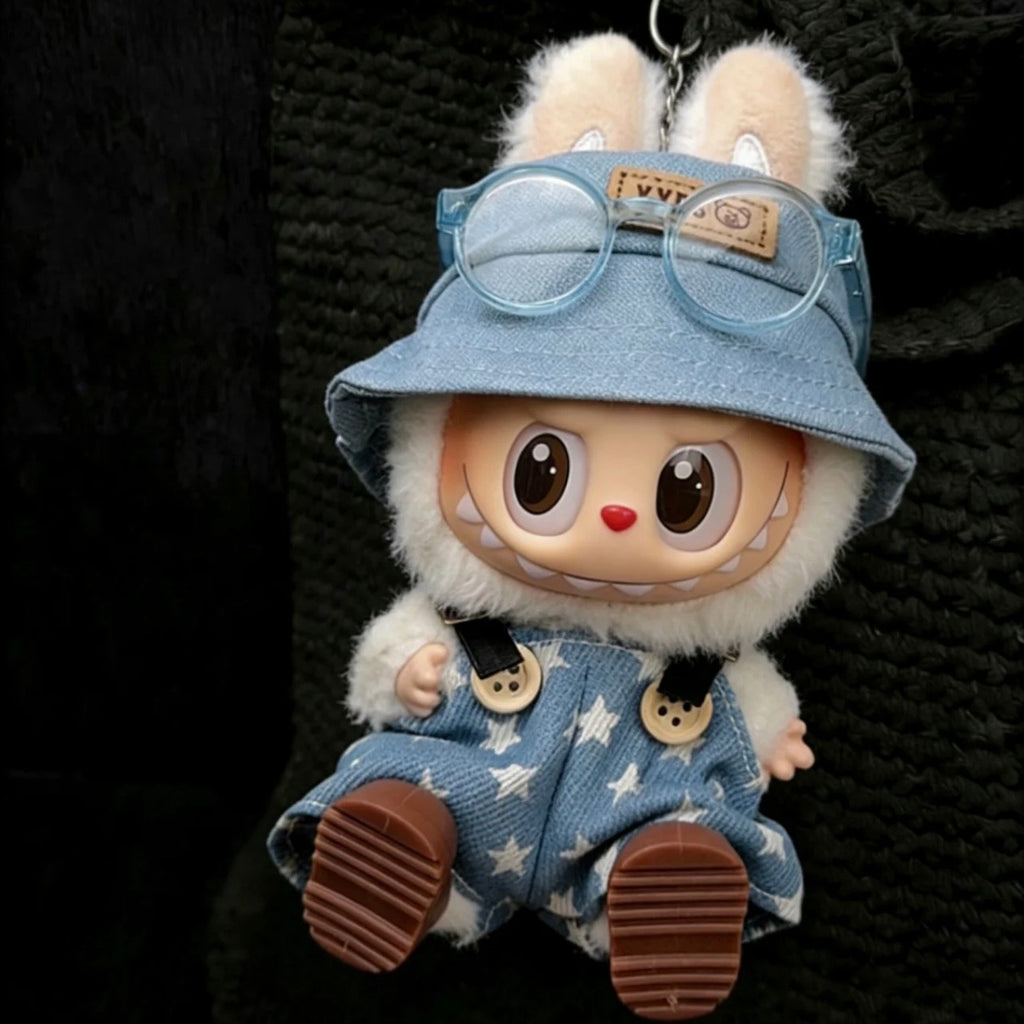 Outfit for Labubu(Generations 1-3 17cm): Cute Star Overalls & Hat Set (Doll Not Included)