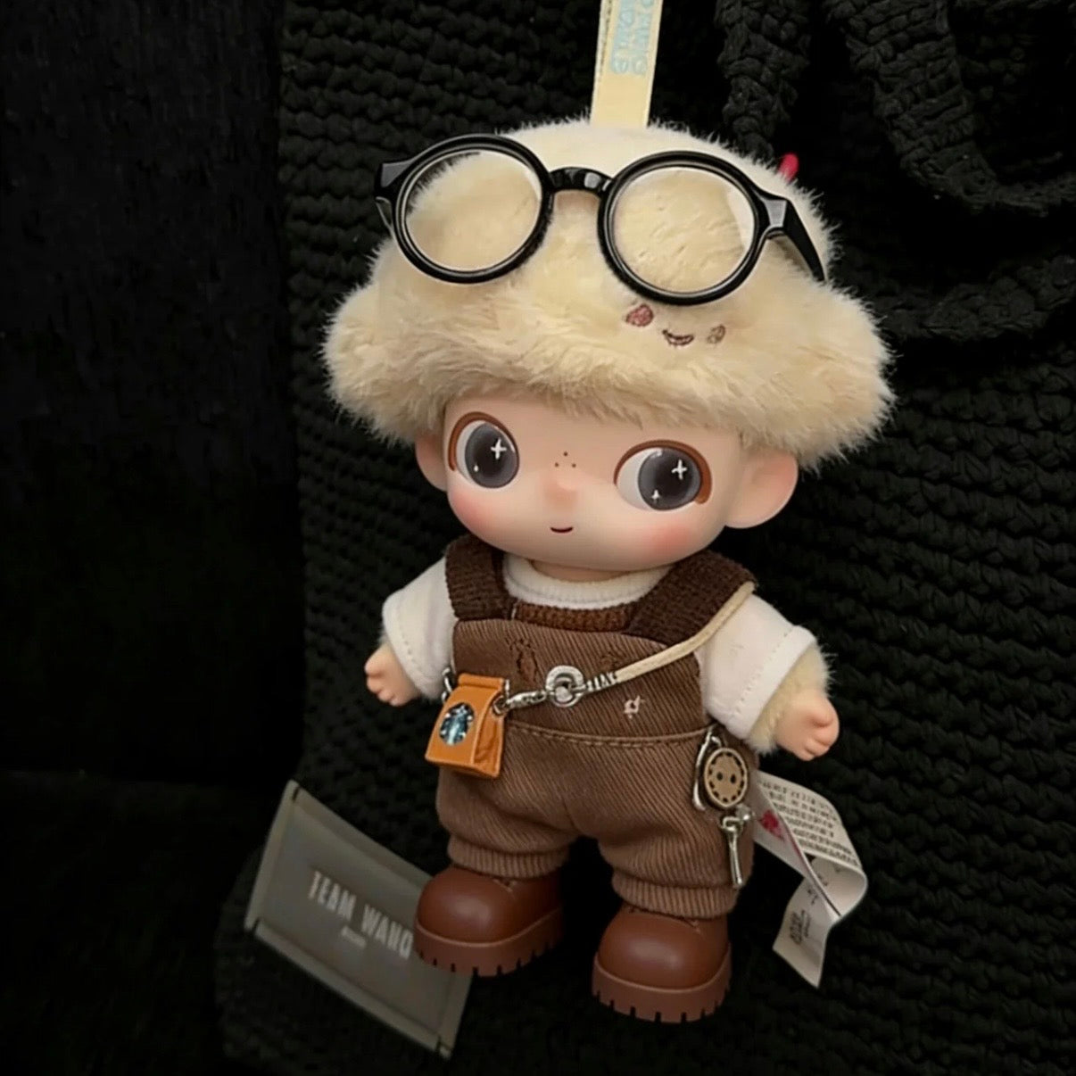 Dimoo Newborn Diary 10cm Doll Outfit: Plush Hood & Vintage Overalls Cute Set