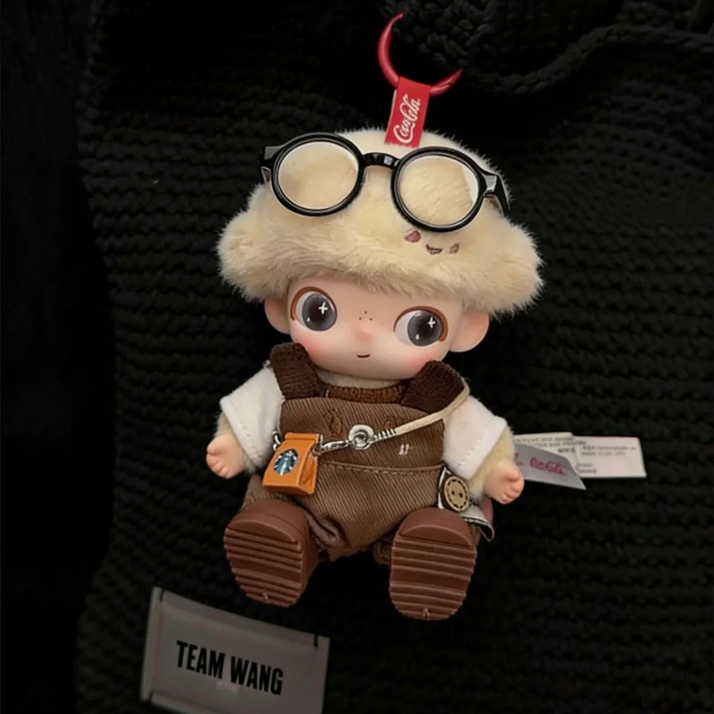 Dimoo Newborn Diary 10cm Doll Outfit: Plush Hood & Vintage Overalls Cute Set
