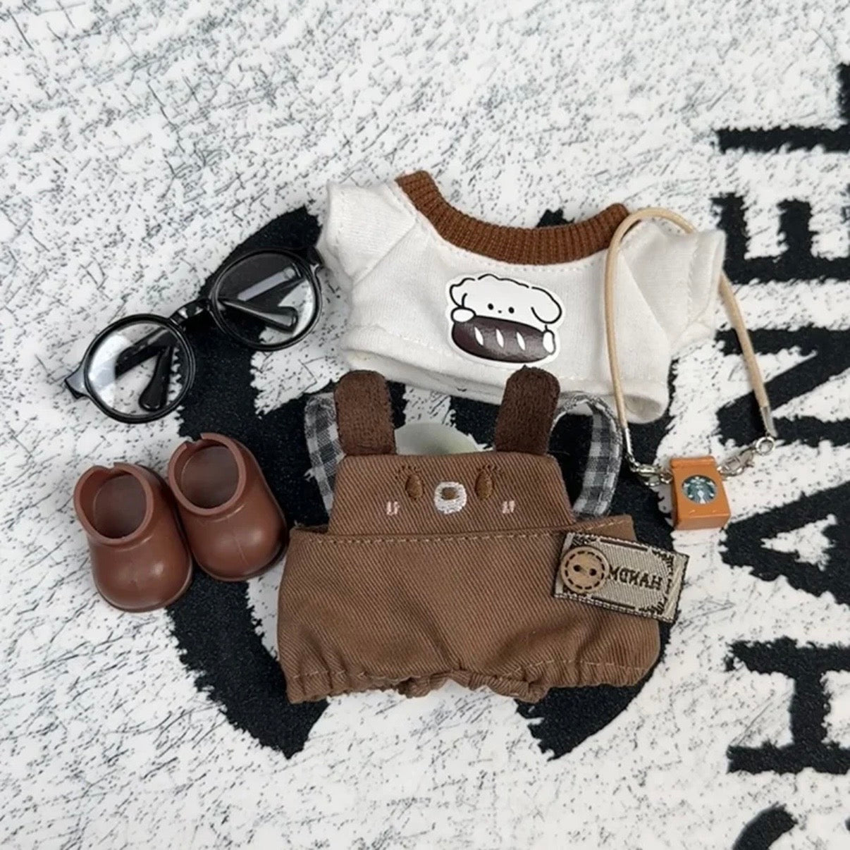 Dimoo Newborn Diary 10cm Doll Outfit: Plush Hood & Vintage Overalls Cute Set