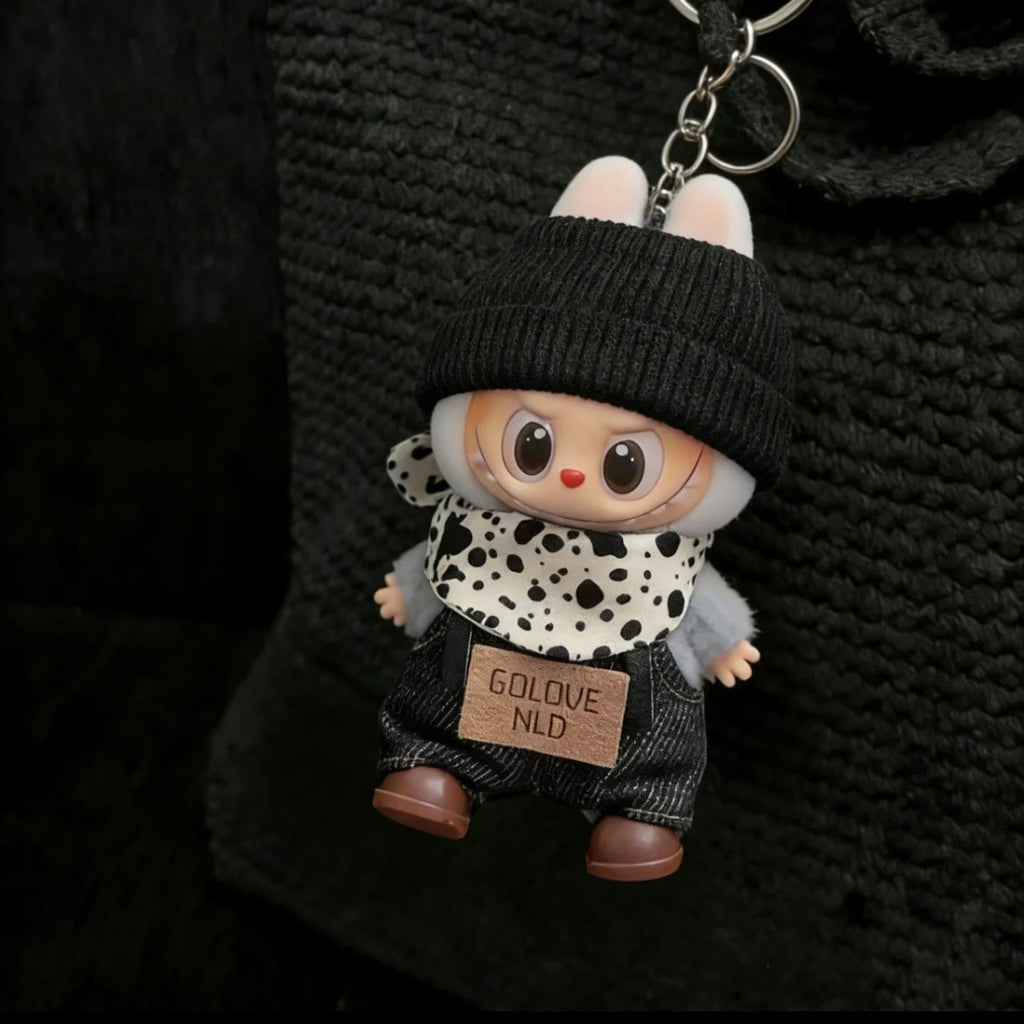 Labubu Mini Doll Outfit: Overalls, Black Headband & Bib Set (Doll Not Included)