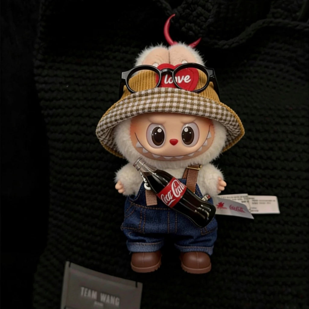 Outfit for Labubu(Gen 1-3 17cm):Coca-Cola Hat & Overalls Outfit (Doll Not Included)
