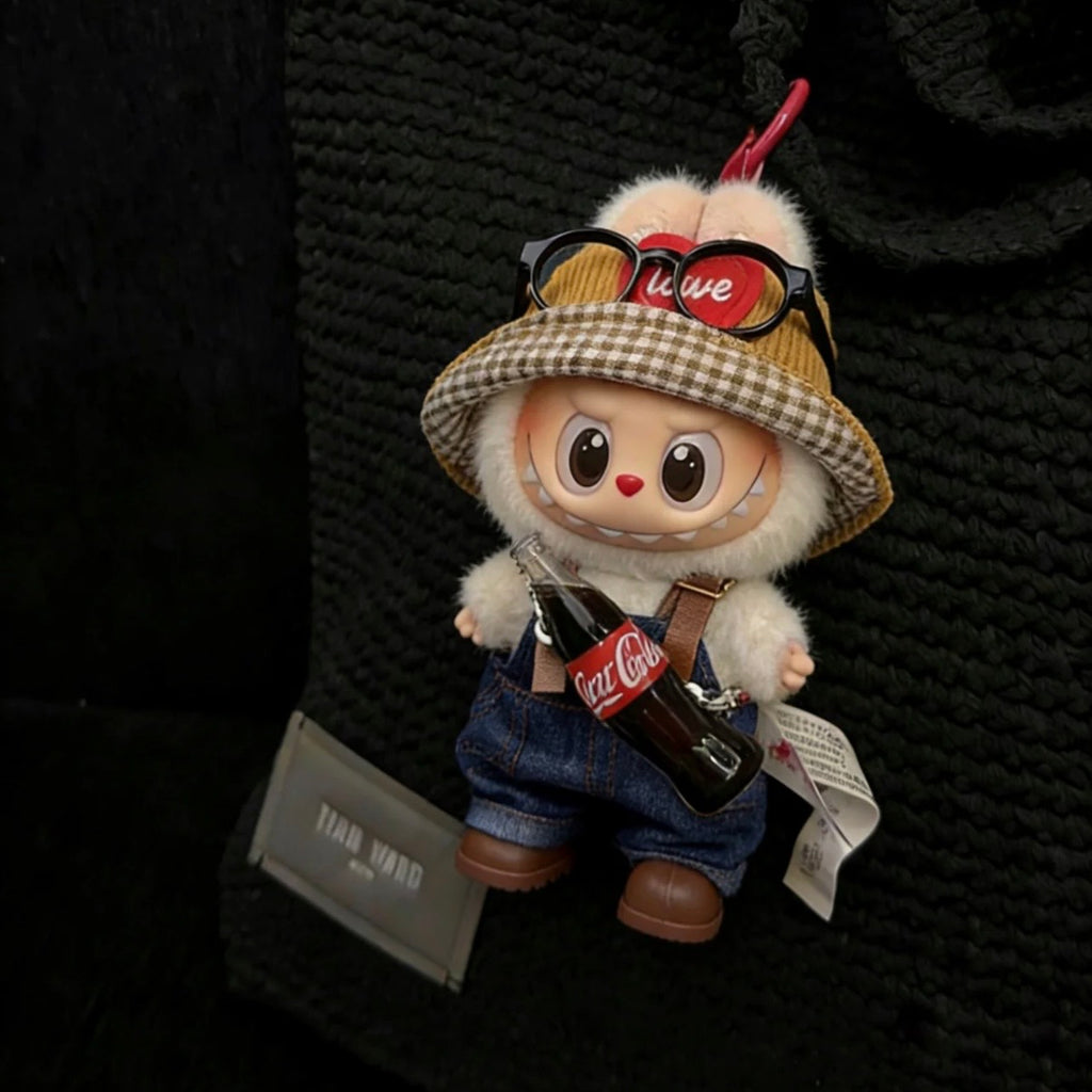 Outfit for Labubu(Gen 1-3 17cm):Coca-Cola Hat & Overalls Outfit (Doll Not Included)